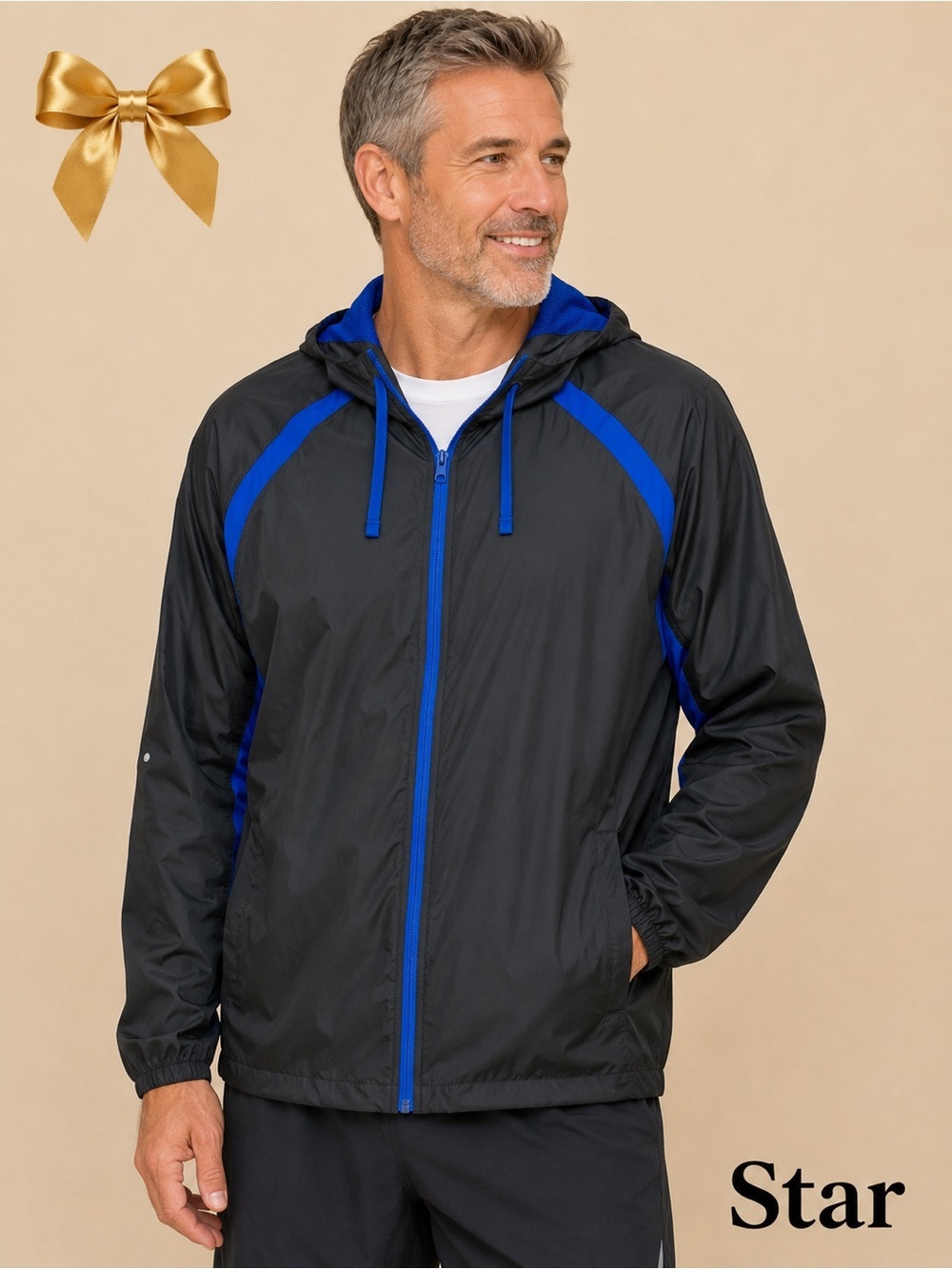 Star XL Windbreaker Drawstring Hood Blue Black Reflectors Zipper